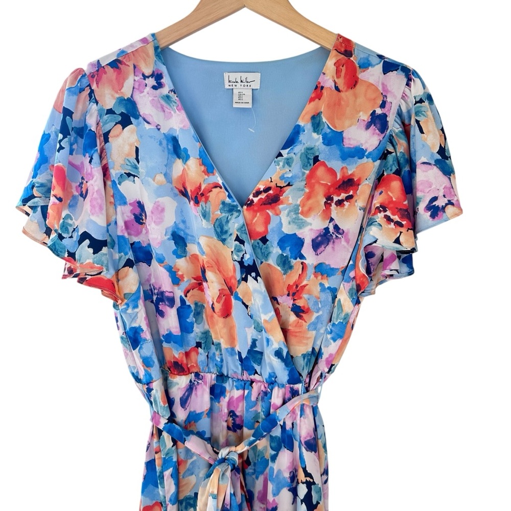 Nicole Miller Maxi Dress Large Faux Wrap Floral Flutter Sleeve V-Neck - Picture 4 of 15